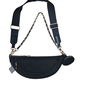 Sondra Roberts Sqared Crescent Black Crossbody Bag with Gold Accents